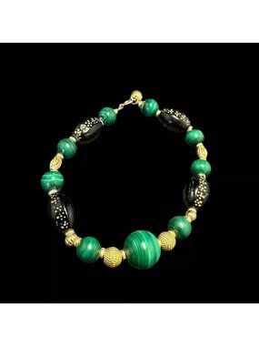 Signed 14k OR Bracelet Malachite Multi Gemstone Beaded 7 3/4 in